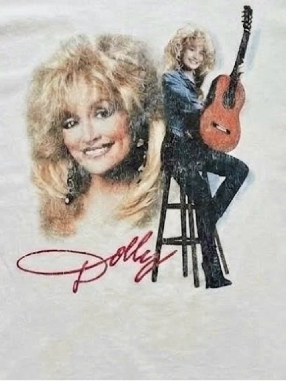 Gildan White Dolly Portrait Tee with Red Script and Orange Guitar - Picture 2 of 2